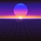 Sci fi futuristic abstract background with graphic sun on horizon. Violet retro gradient, vintage style of the 80s