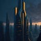 Sci-Fi Futuristic Modern Skyscrapers, Future City View, Alien Elements, Neon Tube Lights On Facade, Generative AI