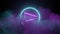 Sci fi futuristic neon circle triangle light cyber glowing purple blue on dark full of clouds smoke and fog room sky empty backgro