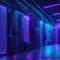 Sci-fi Futuristic Syberpunk Neon Lights Server Room Database Synthwave Blue Purple Colors Generative Ai
