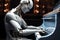 Sci-fi humanoid AI robot android plays piano robotic fingers touch stylish musical instrument. Technological harmony