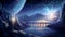 Sci-fi illustration with a bright stars and large planet in a space sky, with mountains and a bridge over a wide calm river.