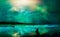 Sci-fi landscape digital painting with nebula, magician, planet, mountain, fisherman and lake in green color. Elements furnished