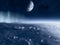 Sci-fi landscape. Exoplanet seen from one of its moons. Satellites of an extraterrestrial planet. Clouds and atmosphere of a moon