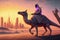 Sci-fi landscape with man on futuristic camel in post-apocalyptic city at sundown. illustration painting