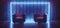 Sci Fi Neon Futuristic Club Seats Chairs Lounge Room Glowing Rectangle Blue Vibrant Synth Wave Cyber Interior Stage Concrete Wood