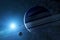 Sci-fi planets, discovery of new worlds, science fiction. Planets and moons of other galaxies and universes. Saturn rings and moon