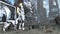 Sci-fi robot woman and cyborg dog on apocalyptic Time Square New York Manhattan. 3D rendering