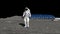 Sci-fi scene. The colony of the future on the moon. Astronaut walking on the moon