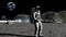 Sci-fi scene. The colony of the future on the moon. Astronaut walking on the moon