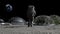 Sci-fi scene. The colony of the future on the moon. Astronaut walking on the moon.