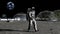 Sci-fi scene. The colony of the future on the moon. Astronaut walking on the moon.