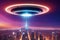 Sci-fi themed epic image of UFO flying over night city, with alien ship and night lights