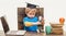 Science, Biology, Experiment, Education. Thoughtful smart boy in graduation hat working with microscope and laptop.