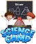 Science camp logo and children with volcano science experiment