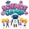 Science camp logo with children wearing engineer costume isolated