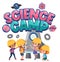 Science camp logo with children wearing engineer costume isolated