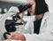 Science, check microscope and Asian woman in laboratory for research, medical analysis and study. Biotechnology