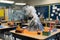 A science classroom with various experiments set up, such as a volcano eruption and a water cycle model.