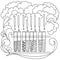 Science coloring page with a row of test tubes and pipettes with drops, curled patterns in the form of a violent reaction