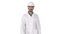 Science engineer walking in safety helmet and glasses on white background.