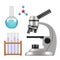 Science equipment. Microscope scientific chemical laboratory items glass cylinder and tubes beakers pipette vector