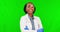 Science, face and black woman with arms crossed on green screen in studio isolated on a background mockup. Portrait