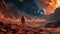 Science fiction alien space landscape, human stands on Mars surface and watching the Earth in the sky, AI generated