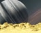 Science fiction background illustration of a desert planet with a large gaseous planet with a planetary ring