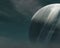 Science fiction background illustration of a large gaseous planet beyond a dense atmosphere