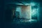 A science fiction concept. Of a door turned into a glowing energy portal n a decaying room in an abandoned ruined house. With