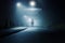 A science fiction concept. A mysterious figure standing in the middle of a road. On a foggy winters night. With bright UFOs