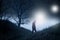 A science fiction concept of a spooky hooded figure in a wood in winter at night, silhouetted against stars and mysterious lights