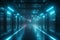 Science fiction interior scene scifi corridor render scene with neon lights and smoke technology. Generative AI