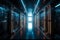 Science fiction interior scene scifi corridor render scene with neon lights and smoke technology. Generative AI