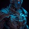 Science fiction robot soldier neon armor on the streets of the future city. Military futuristic robot warrior. AI generated image