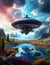 Science fiction scenery, space base on alien Planet, Sky with clouds, generative ai illustration