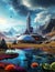Science fiction scenery, space base on alien Planet, Sky with clouds, generative ai illustration