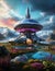 Science fiction scenery, space base on alien Planet, Sky with clouds, generative ai illustration