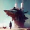 science fiction scenery, spaceship in the space base, generative ai illustration, these depiction is fictitious and generated