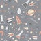 Science flat seamless pattern with scientific elements - molecule, atom structure, rocket, books, water and other on one