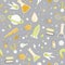 Science flat seamless pattern with scientific elements - molecule, atom structure, rocket, books, water and other on one