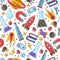 Science flat seamless pattern with scientific elements - molecule, atom structure, rocket, books, water and other on one