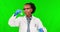 Science, green screen and black woman with chemistry, test and liquid in glass beaker for research on studio background