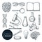 Science lab and chemistry research sketch vector illustration. Isolated hand drawn education icons set