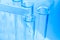 Science laboratory test blue tubes, macro flask equipment. Chemical dropper