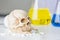 Science laboratory test tubes. Skull and beaker chemical. Volatile substances and skull laboratory. glassware with liquids of