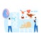 Science laboratory, vector illustration. Dinosaur lab research, women men character make analysis, scientist people work