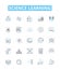 Science learning vector line icons set. Science, Biology, Chemistry, Physics, Astronomy, Earth science, Geology