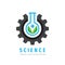 Science logo concept design. Gear, test tube & green leaves creative sign. Cogwheel & flask symbol. Chemical pharmacology medicine